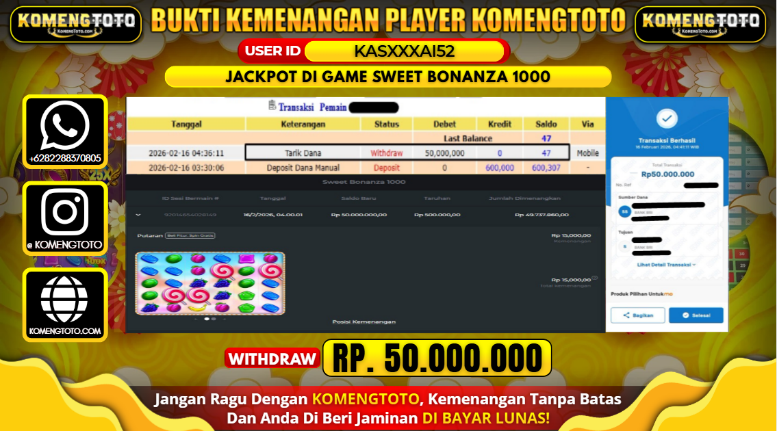 LAGI & LAGI!! KEMENANGAN BESAR DI SLOT  SWEET BONANZA 1000 SEBESAR Rp. 50.000.000 KOMENGTOTO BAYAR LUNAS SECEPAT KILAT !! KOMENGTOTO BAYAR SECEPAT KILAT !!