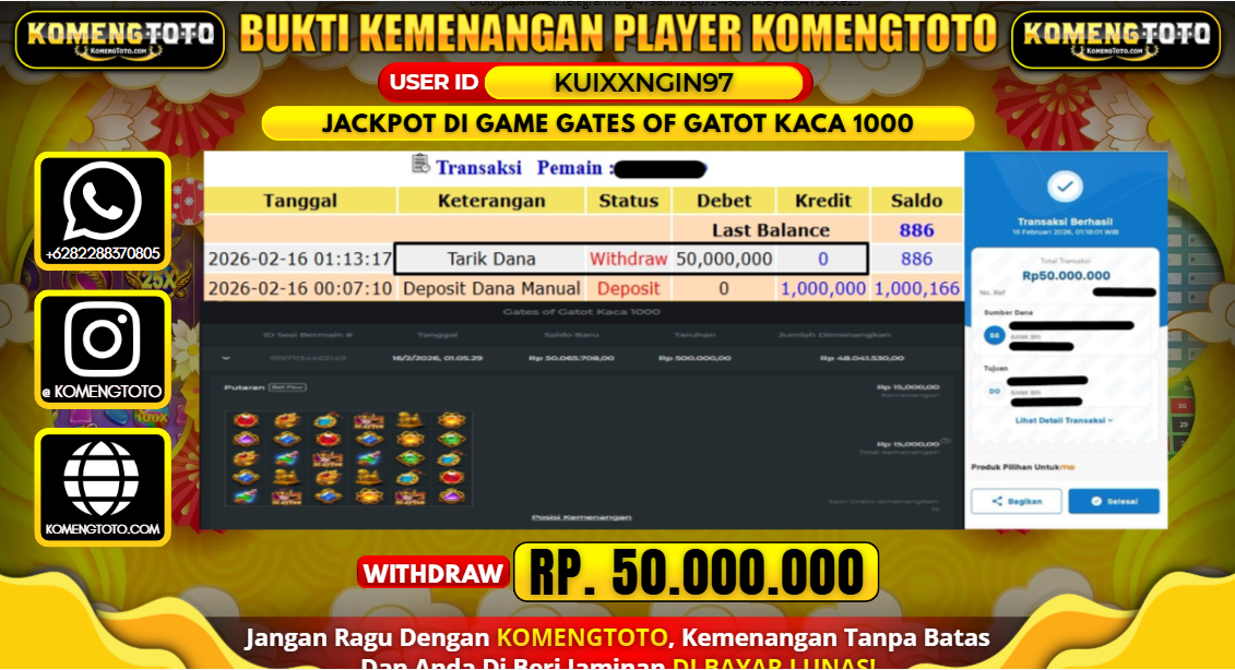 LAGI & LAGI!! KEMENANGAN BESAR DI SLOT GAME GATES OF GATOT KACA 1000 SEBESAR Rp.50.000.000 KOMENGTOTO BAYAR LUNAS SECEPAT KILAT !! KOMENGTOTO BAYAR SECEPAT KILAT !!