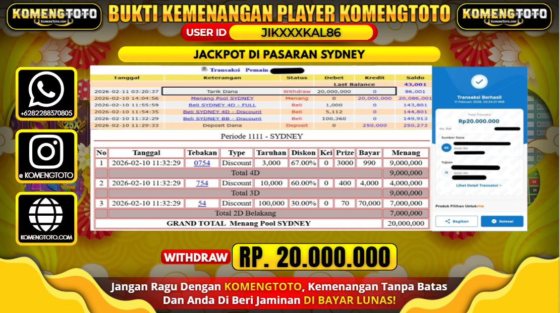 LAGI & LAGI!! KEMENANGAN BESAR DI PASARAN SYDNEY  SEBESAR Rp.20.000.000 KOMENGTOTO BAYAR LUNAS SECEPAT KILAT !! KOMENGTOTO BAYAR SECEPAT KILAT !!