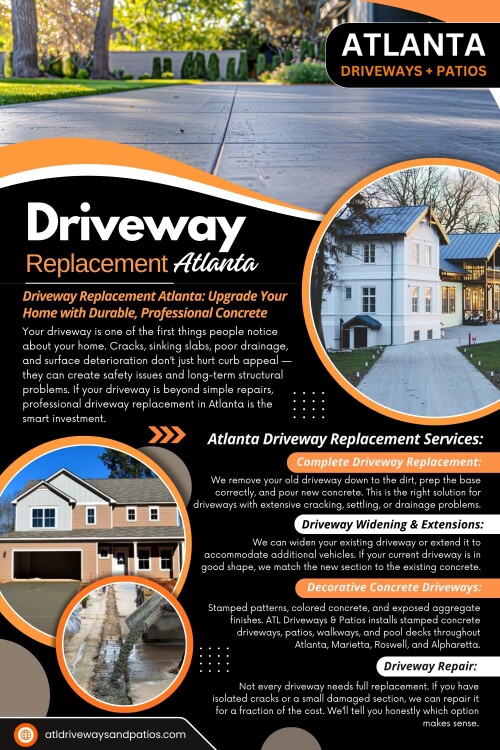 In Atlanta especially, where soil conditions and weather patterns quietly influence concrete performance, missing small planning steps can shorten a driveway’s life by years. This is why Driveway replacement Atlanta projects can look great at first and still develop problems far sooner than expected.

Official Website: https://atldrivewaysandpatios.com/driveway-replacement-atlanta

Atlanta Driveways and Patios
Address: 1934 New Kemp Rd, Marietta, GA 30066, United States
Phone Number: +14708375846

Find us on Google Map: https://maps.app.goo.gl/FskzE5EfFYmNnZkCA

Read Our Blogs: 
https://atldrivewaysandpatios.weebly.com
https://atldrivewaysandpatios.brushd.com
https://atldrivewaysandpatios.mystrikingly.com

More Links:
https://linktr.ee/atldrivewaysandpatios
https://www.buzzfeed.com/atldrivewaysandpatios
https://www.apsense.com/user/atldriveways