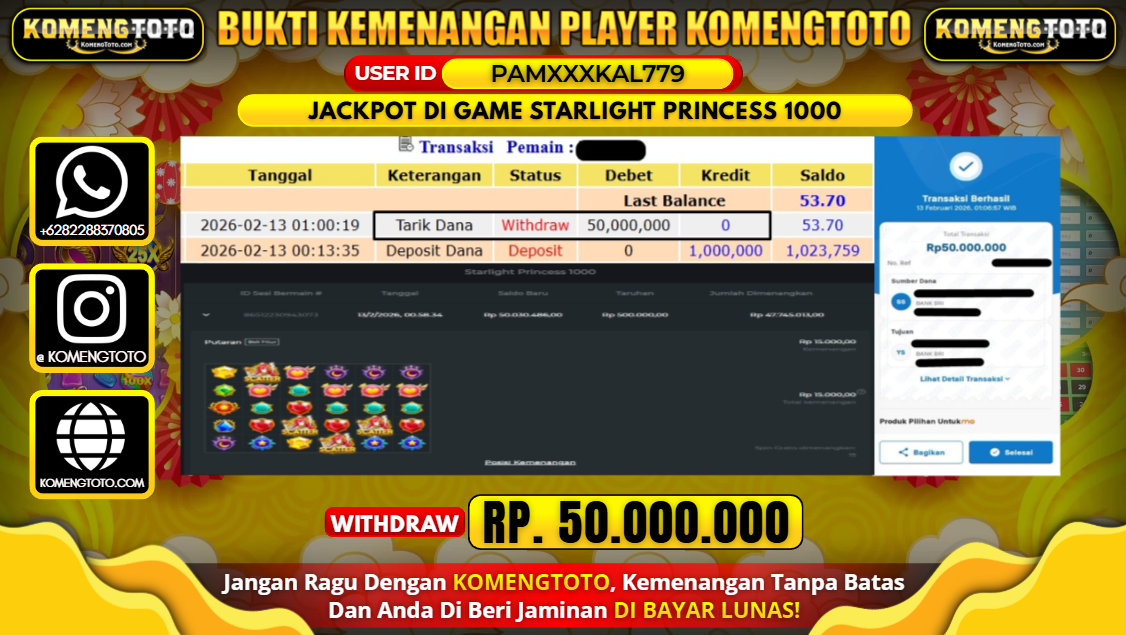 LAGI & LAGI!! KEMENANGAN BESAR DI SLOT GAME STARLIGHT PRINCESS 1000 SEBESAR Rp.50.000.000 KOMENGTOTO BAYAR LUNAS SECEPAT KILAT !! KOMENGTOTO BAYAR SECEPAT KILAT !!